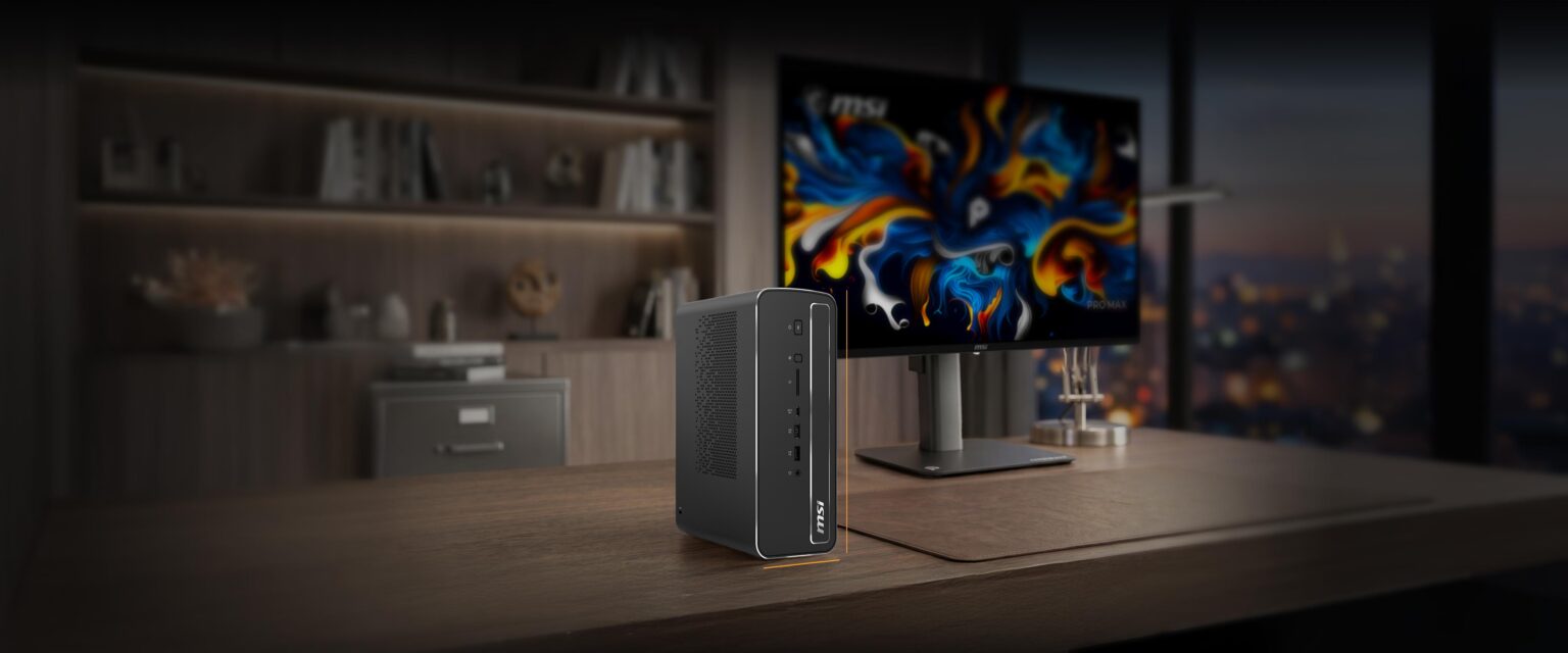 MSI PRO MAX EDGE AI+ auf einem Schreibtisch mit Monitor - Bild: MSI