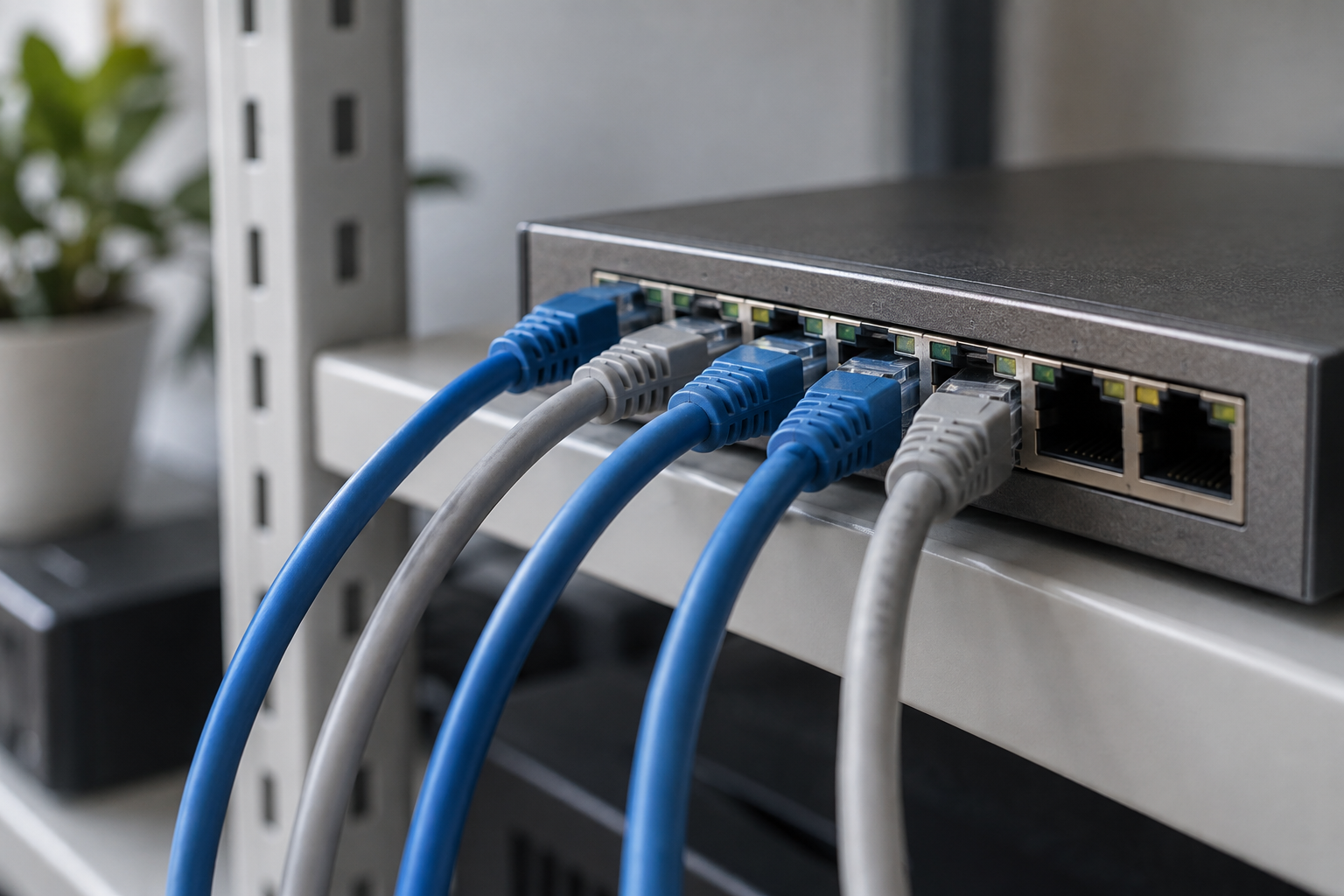 Neutrales Symbolbild zu IEEE 802.3bz mit Ethernet-Kabeln und Netzwerkswitch - Bild: XboxDev, KI-generiertes Symbolbild