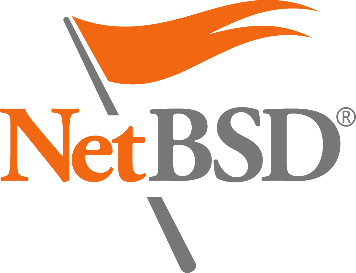 NetBSD-Schriftzug mit orangefarbener Flagge - Bild: The NetBSD Foundation