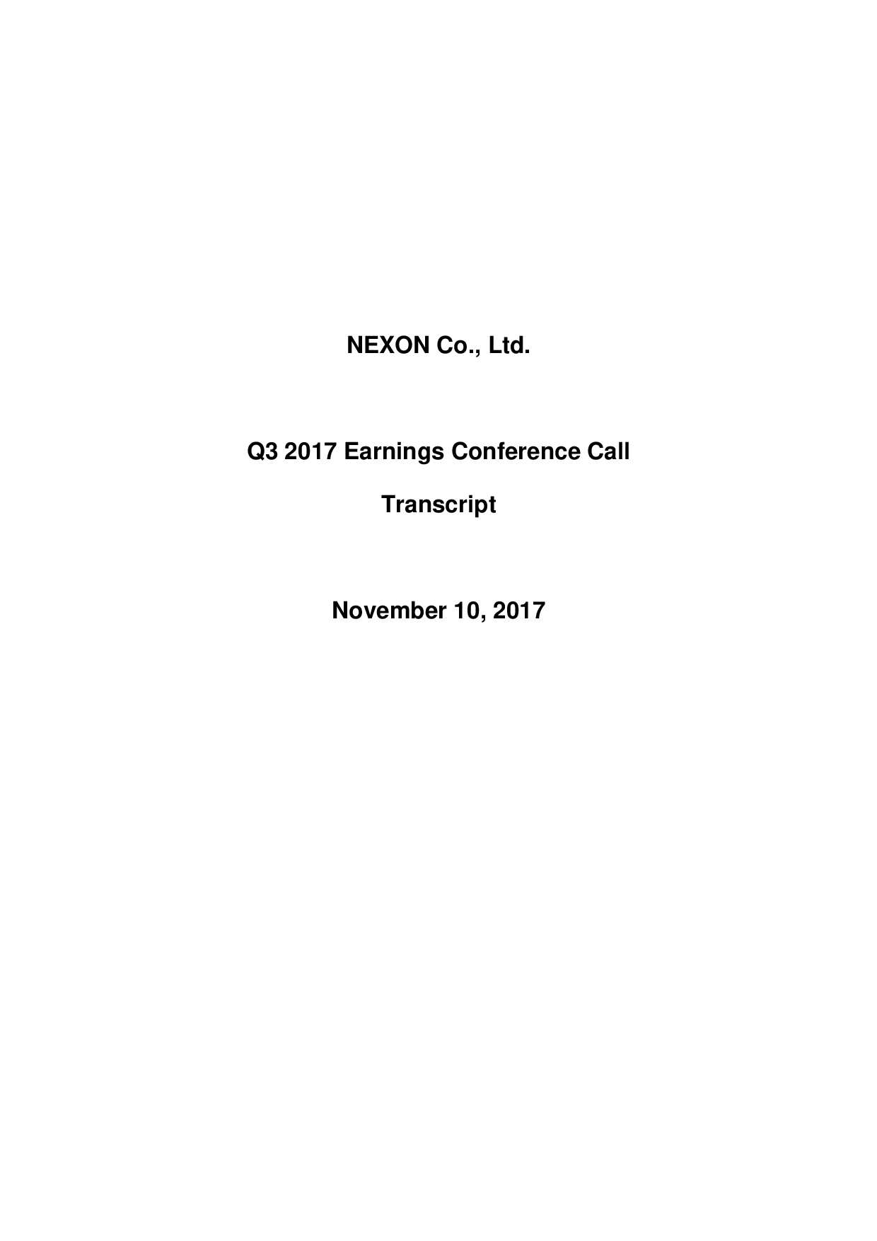 Titelseite der Nexon-Telefonkonferenz zum dritten Quartal 2017 - Bild: Nexon Investor Relations
