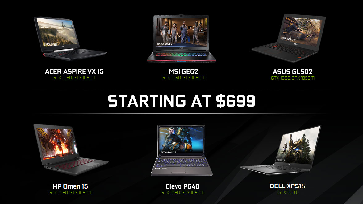 NVIDIAs Notebookübersicht zur Einführung der GeForce GTX 1050 und 1050 Ti im Januar 2017 mit damaligem US-Einstiegspreis - Bild: NVIDIA