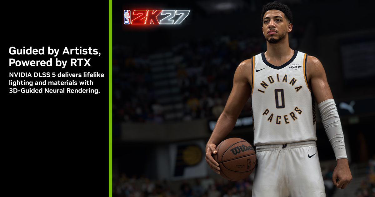 NBA-2K27-Spieler vor schwarzem Hintergrund mit Hinweis auf NVIDIA DLSS 5