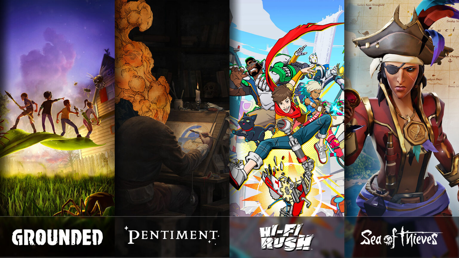 Offizielles Motiv zu Grounded, Pentiment, Hi-Fi Rush und Sea of Thieves als Kontext zur Xbox-Multiplattformstrategie - Bild: Microsoft / Xbox Wire