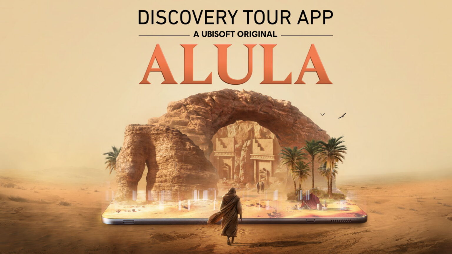 Offizielles Motiv zur Discovery Tour App: AlUla mit historischen Bauwerken und Smartphone - Bild: Ubisoft