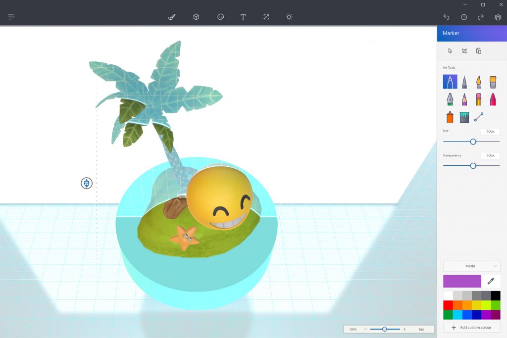 Paint-3D-Oberfläche mit dreidimensionaler Insel und Palme