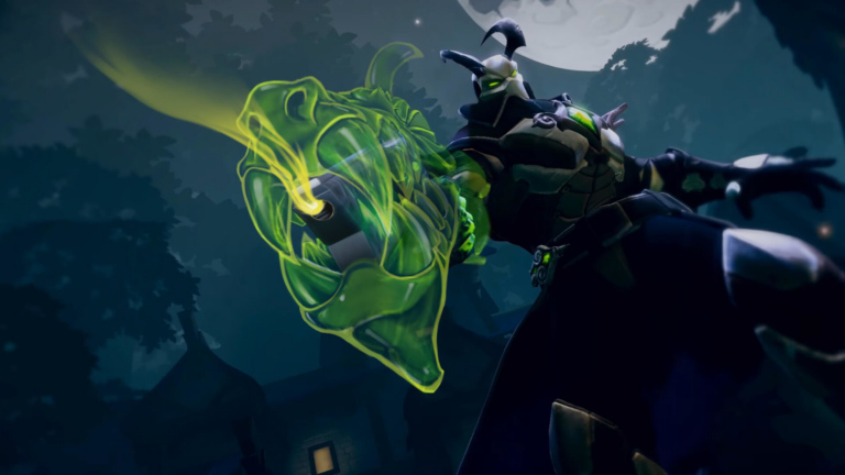 Androxus mit grün leuchtender Waffe in Paladins