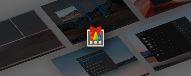 PowerToys-Symbol mit roter Schleife vor einer Collage der Windows-Werkzeuge