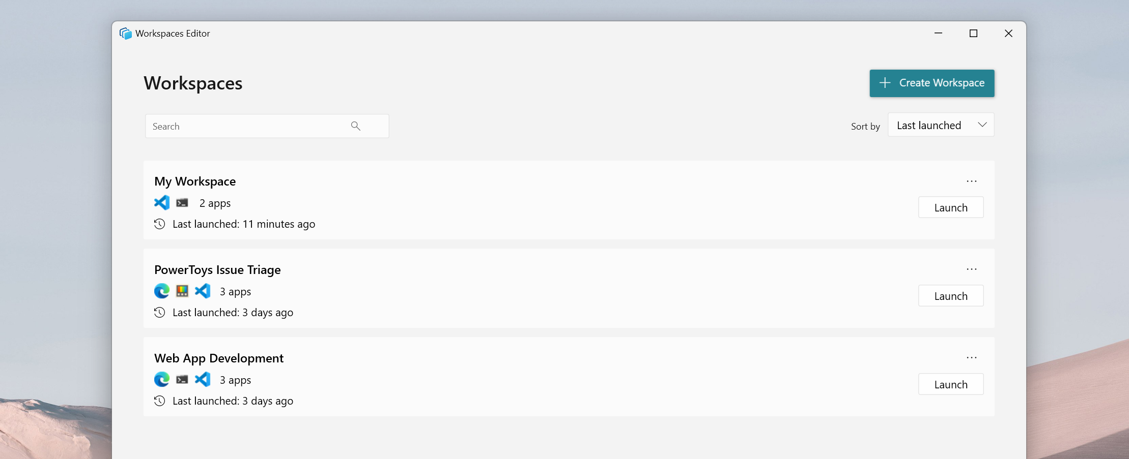 Workspaces-Editor mit drei gespeicherten Fenster-Arbeitsplätzen