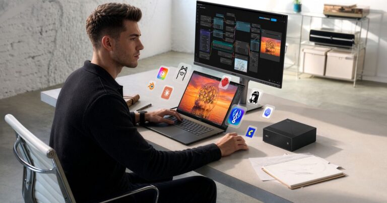 ProArt-Notebooks und GR1X-Mini-PC in einer Kreativarbeitsplatz-Szene - Bild: ASUS