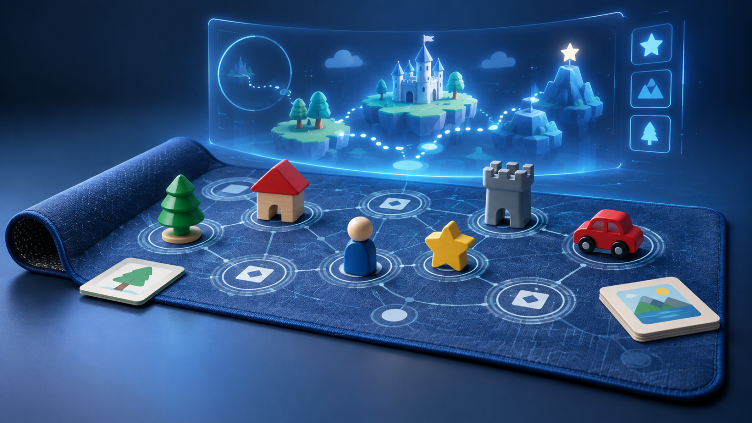 Illustration einer interaktiven Sensor-Matte mit Spielobjekten und digitaler Spielwelt