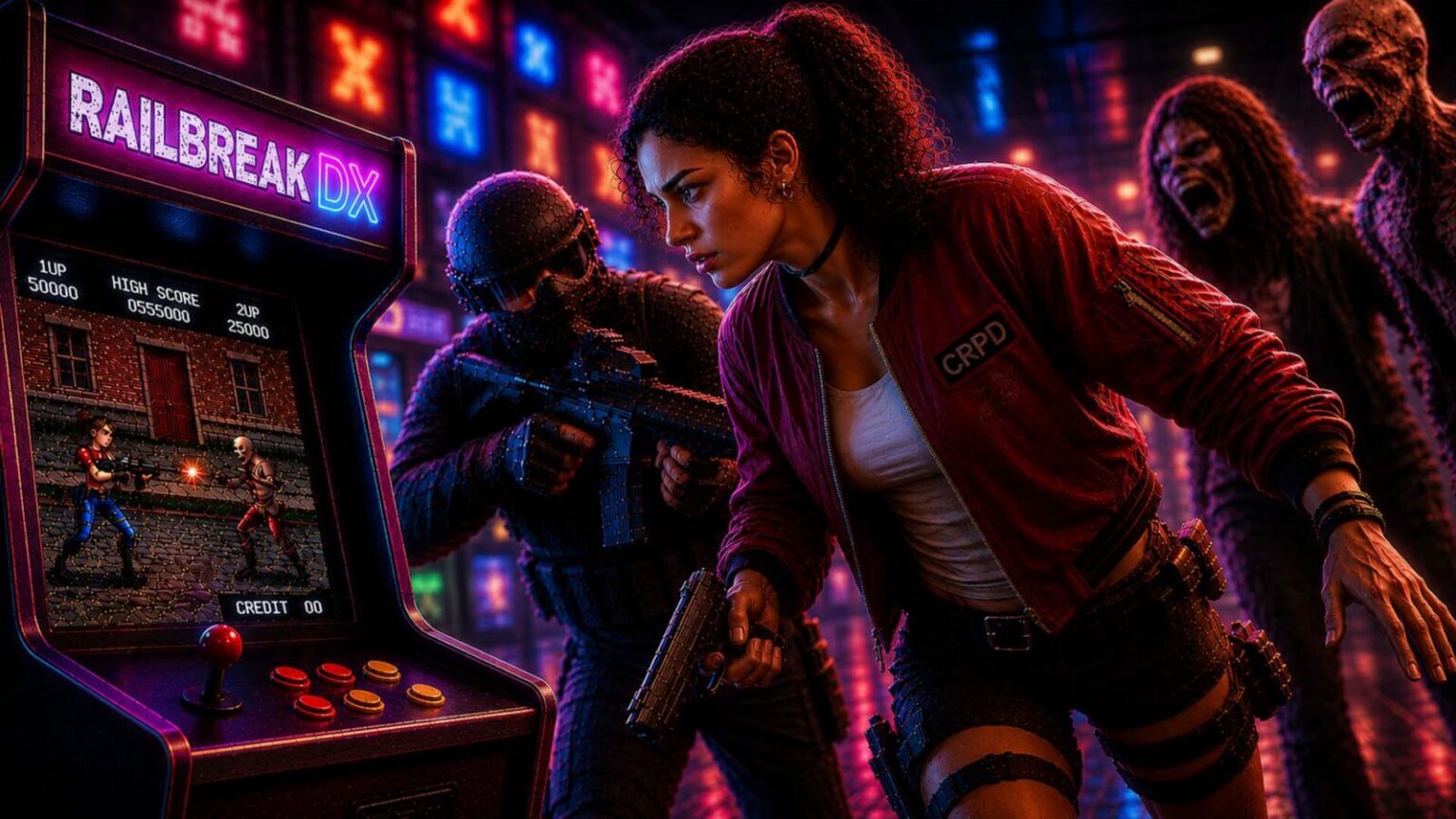 Railbreak-DX-Keyart mit bewaffneter Überlebender, Arcade-Automat und Zombies