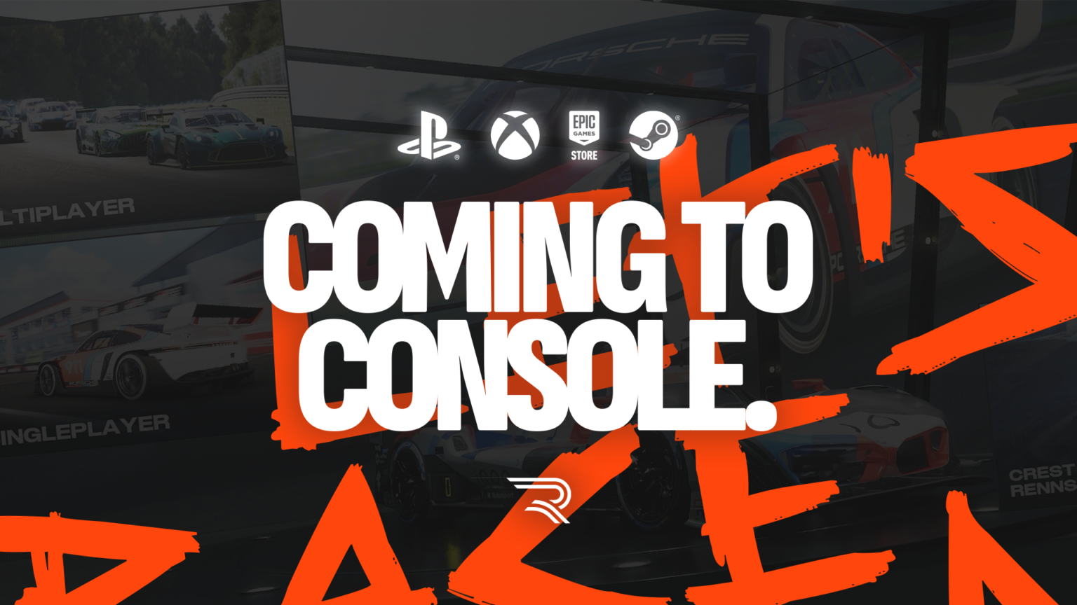 RENNSPORT-Ankündigungsgrafik mit Xbox-, PlayStation- und PC-Plattformlogos.