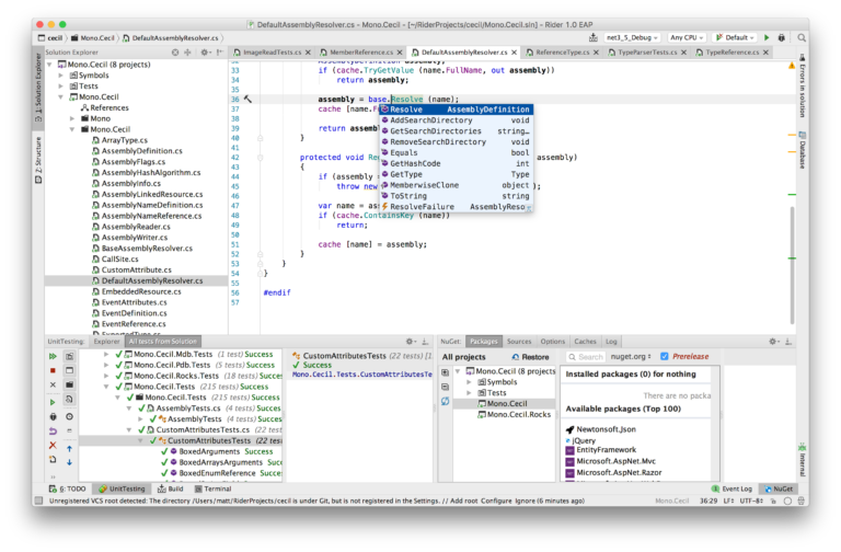 JetBrains Rider 1.0 EAP mit C#-Editor, Tests und NuGet-Fenster - Bild: JetBrains