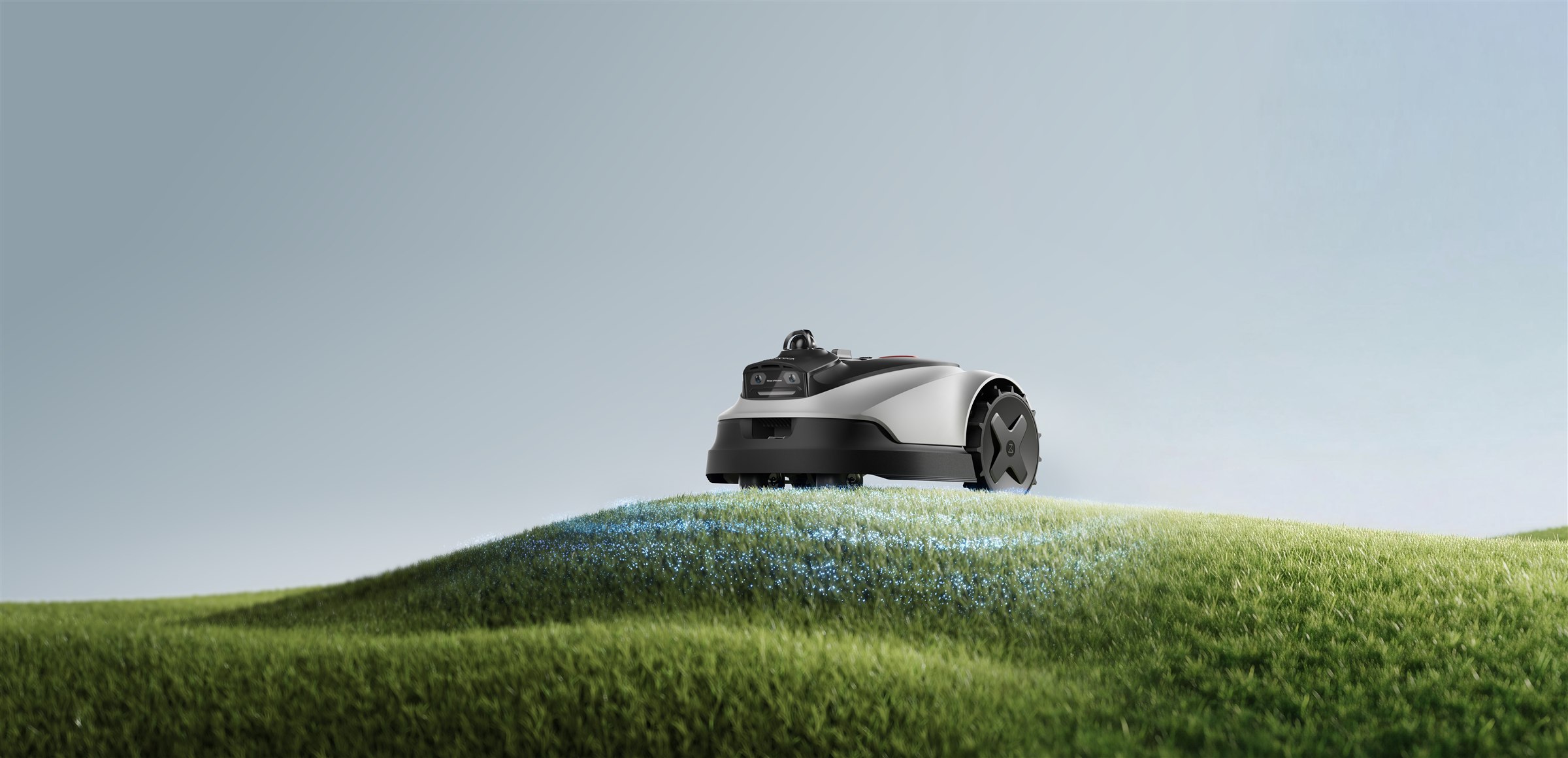 Roborock RockNeo Q2 LiDAR fährt über eine stilisierte Rasenlandschaft