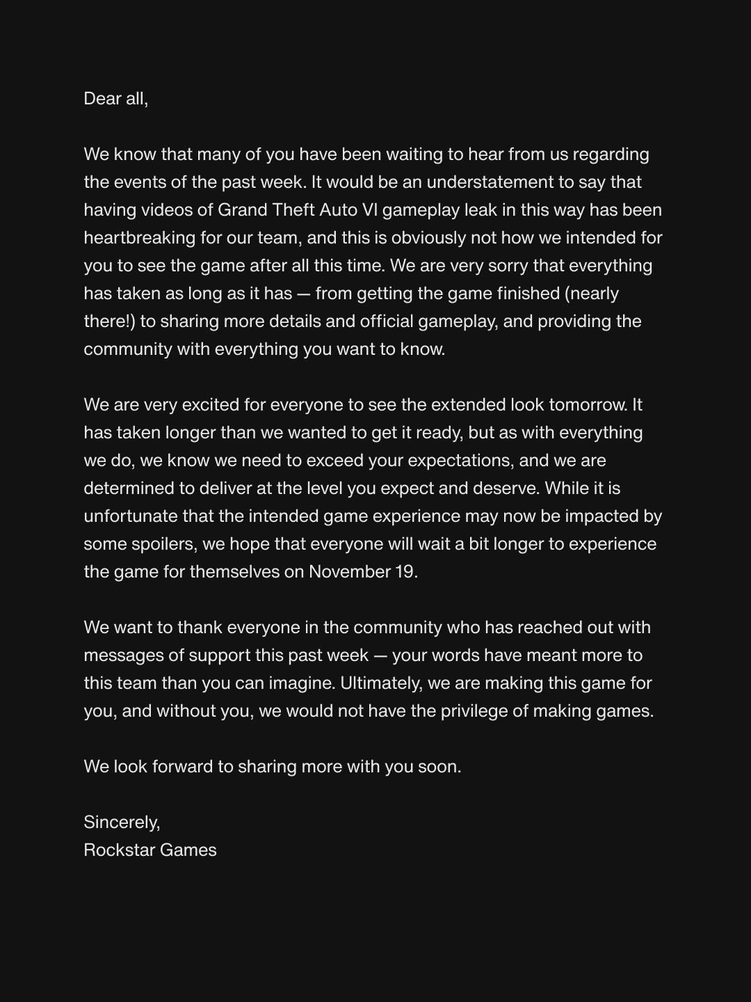 Stellungnahme von Rockstar Games zu den GTA-6-Leaks - Bild: Rockstar Games auf X