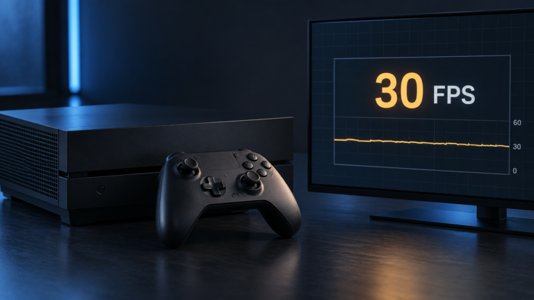 Neutrale Illustration einer Xbox One mit einem 30 FPS Messwert