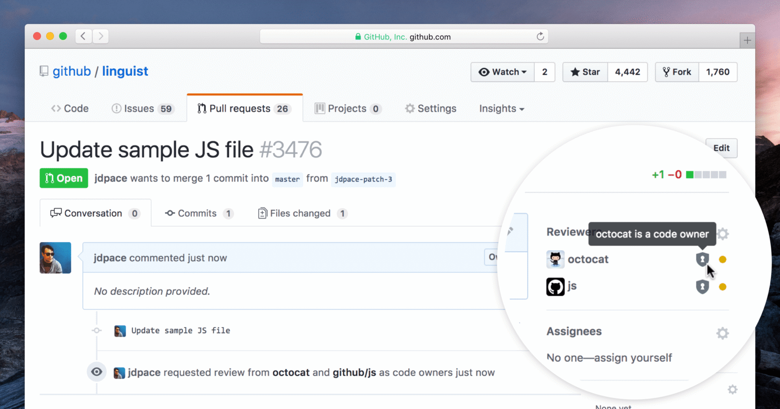 GitHub CODEOWNERS fordert Reviews für zugewiesene Dateien an - Bild: GitHub