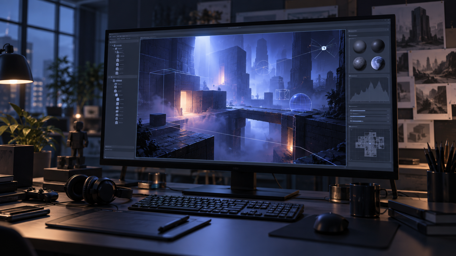 Neutraler Game-Development-Arbeitsplatz mit volumetrischer Lichtszene