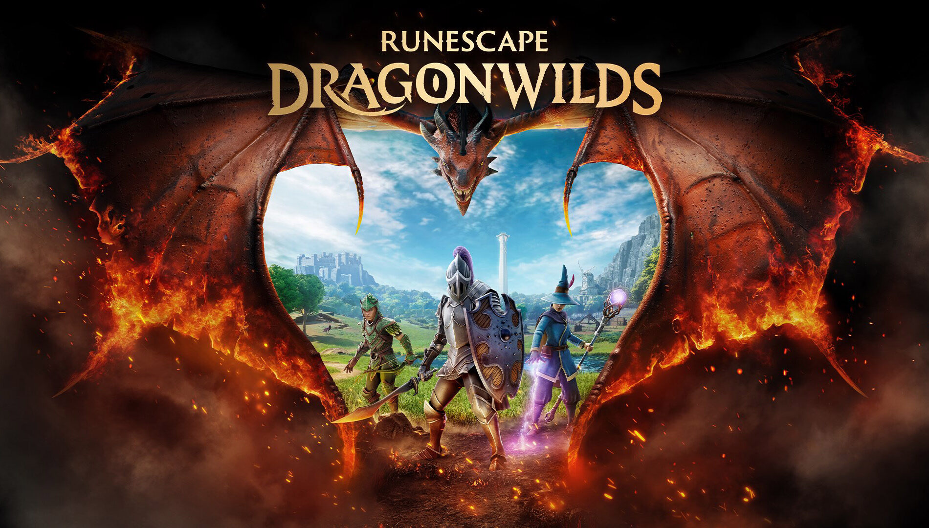 Drei Abenteurer stehen in RuneScape: Dragonwilds einem Drachen gegenüber