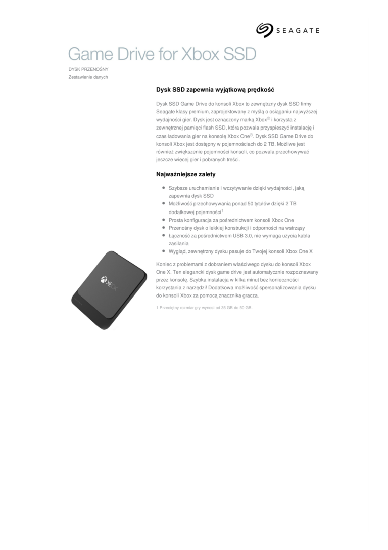 Seagate Game Drive for Xbox SSD im offiziellen Datenblatt