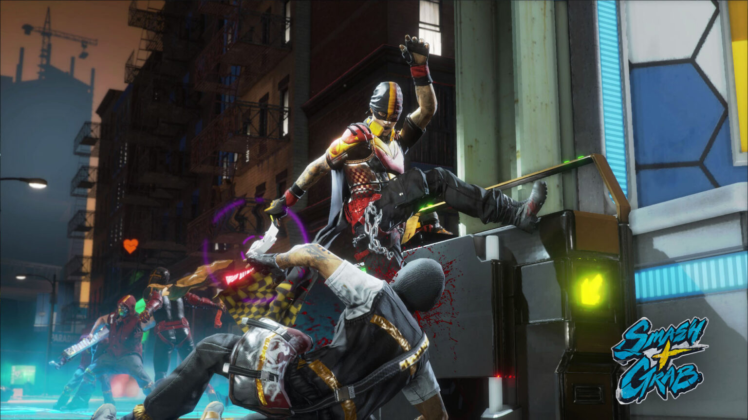 Gangfiguren kämpfen vor einer Ladenfront in Smash+Grab