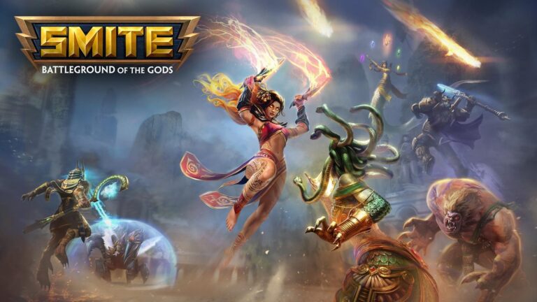 Mehrere Smite-Figuren kämpfen unter dem Logo von Smite: Battleground of the Gods