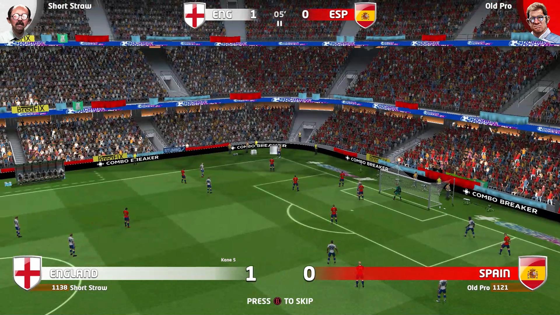 Spielszene England gegen Spanien in Sociable Soccer 24