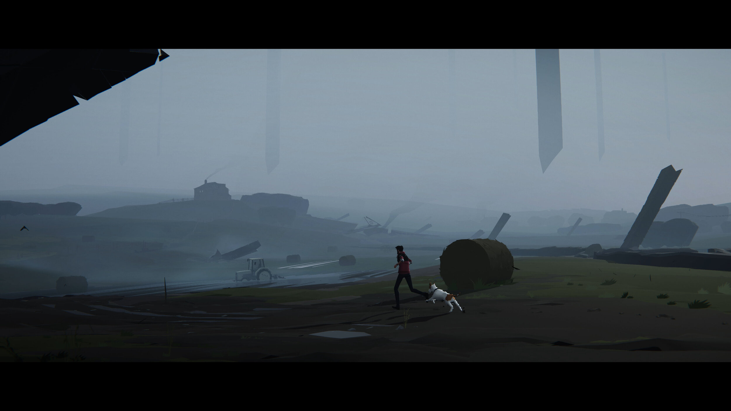Eine Spielfigur läuft mit einem Hund an Heuballen vorbei durch eine neblige Landschaft in Somerville