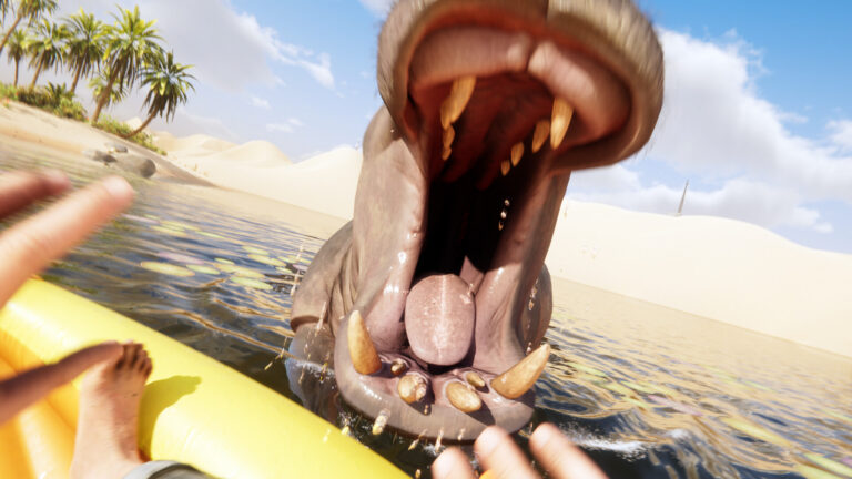 Ein Flusspferd schnappt in Stranded Deep 2 nach einem Schlauchboot
