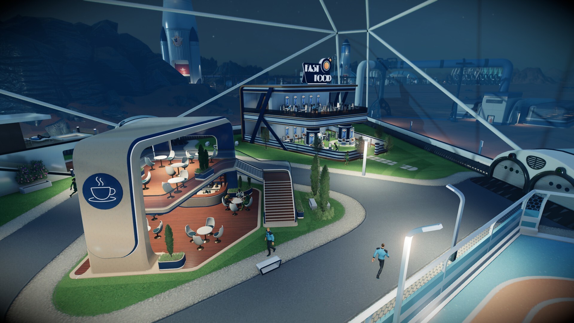 Café und Fast-Food-Restaurant unter einer Kuppel in Surviving Mars: Relaunched