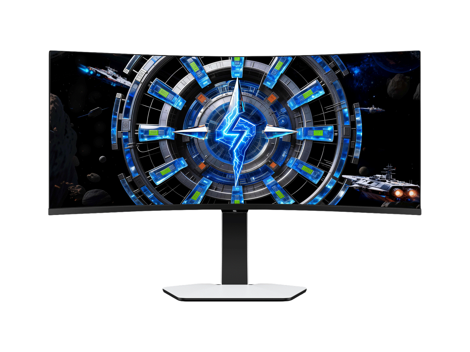 TCL 34C2A mit gebogenem Ultrawide-Bildschirm und weißem Standfuß