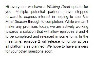 Telltale-Mitteilung zur möglichen Fertigstellung von The Walking Dead: The Final Season - Bild: Telltale Games