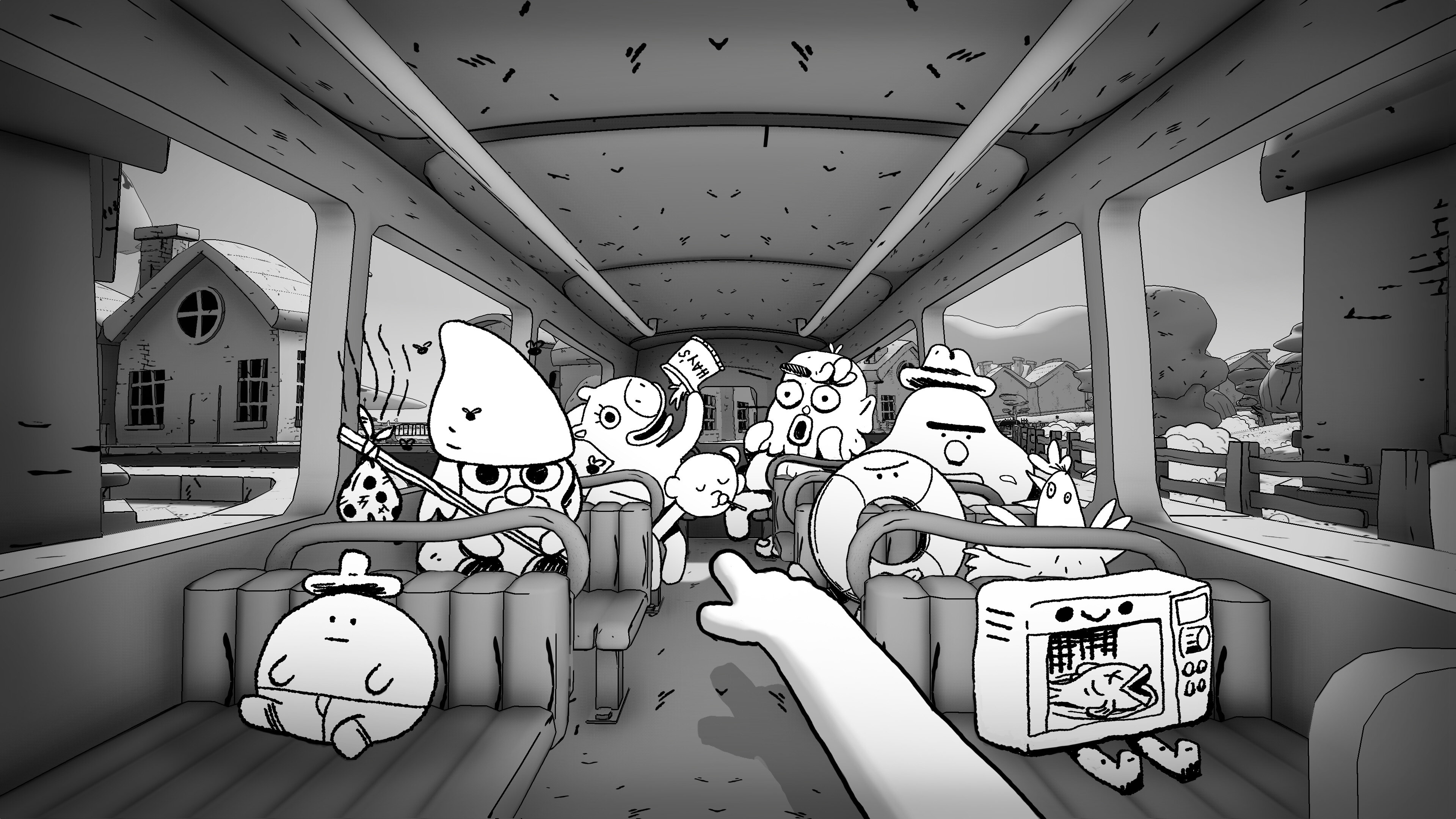 Schwarz-weiße Comicfiguren sitzen im Bus von Thank You Bus Driver