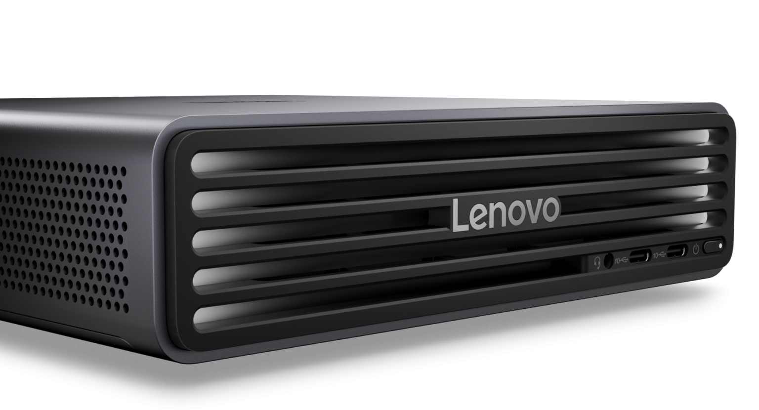 Nahaufnahme des Lenovo ThinkCentre X Ultra mit Lüftungsgitter und USB-C-Anschlüssen