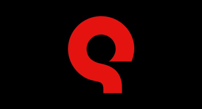 Rotes Q-Symbol von THQ Nordic auf schwarzem Hintergrund.