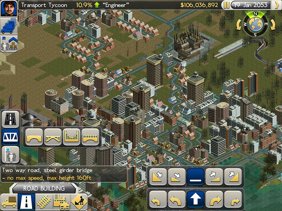 Stadt und Straßenbau-Menü in der Mobile-Version von Transport Tycoon