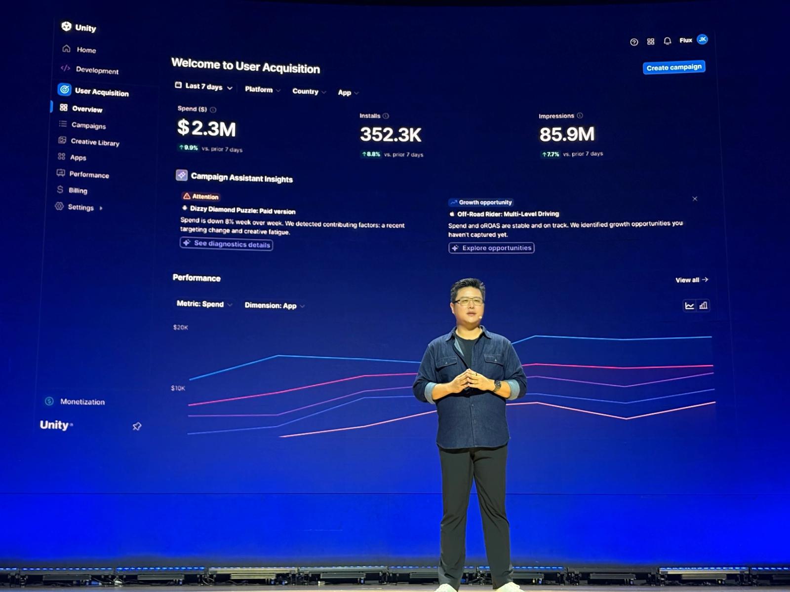 Sean Sheng zeigt Kampagnenwerkzeuge für Unity Vector auf der Unite Seoul 2026 - Bild: Unity