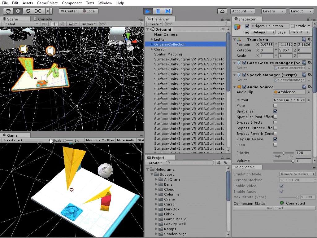 Unity 5.5 mit Holographic Emulation und einer HoloLens-Beispielszene - Bild: Unity Technologies