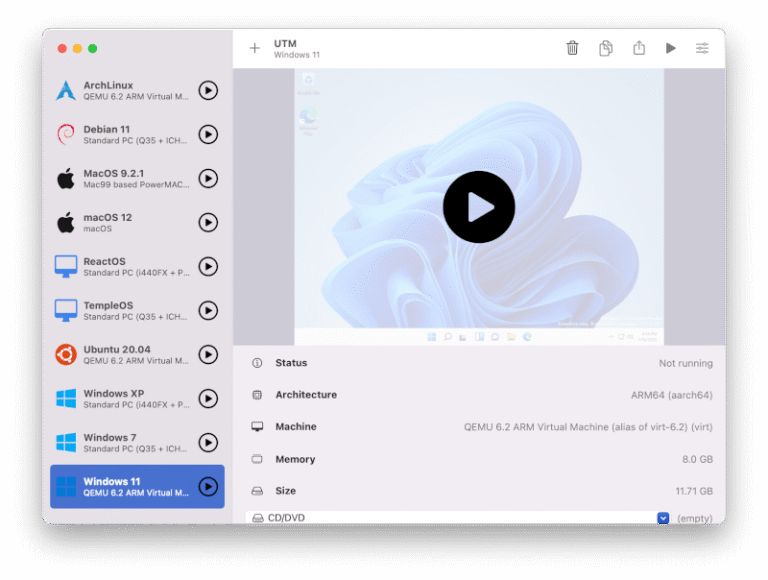 UTM-Oberfläche auf dem Mac mit einer ausgewählten Windows-11-VM