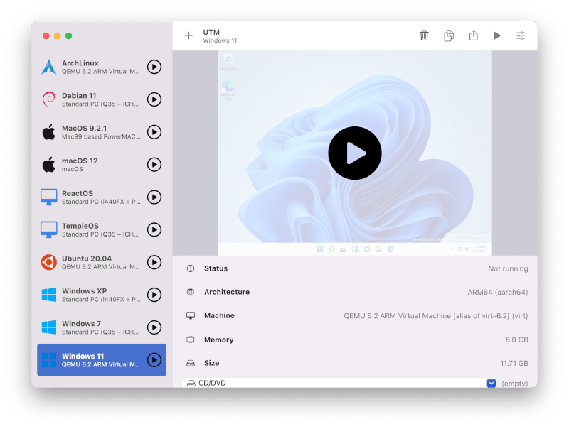 UTM-Oberfläche auf dem Mac mit einer ausgewählten Windows-11-VM
