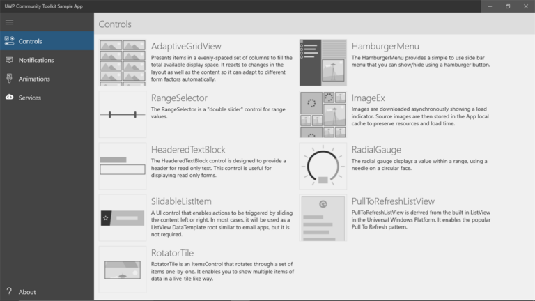 UWP Community Toolkit Sample App mit den verfügbaren Entwicklungsbausteinen - Bild: Microsoft Store