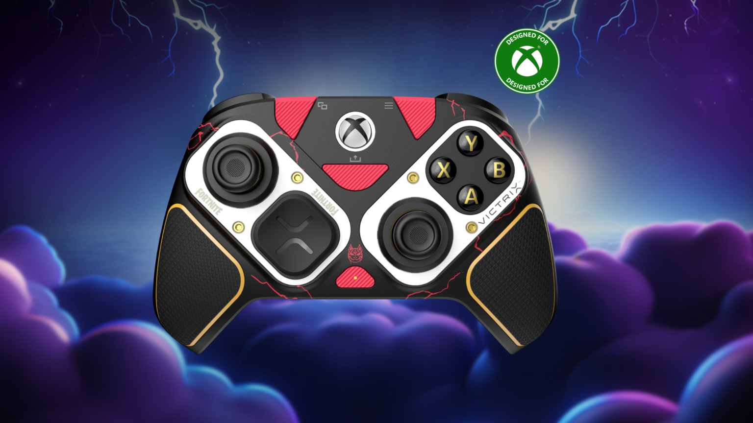 Schwarz-weißer Victrix-Controller mit roten und goldenen Akzenten im Fortnite-Drift-Design