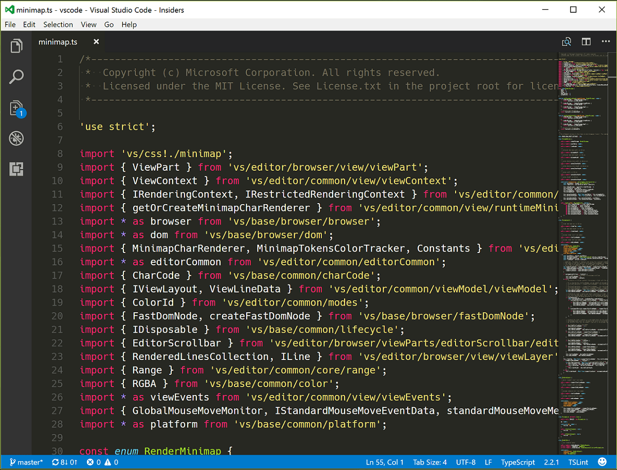 Visual Studio Code 1.10 mit Vorschau der Minimap