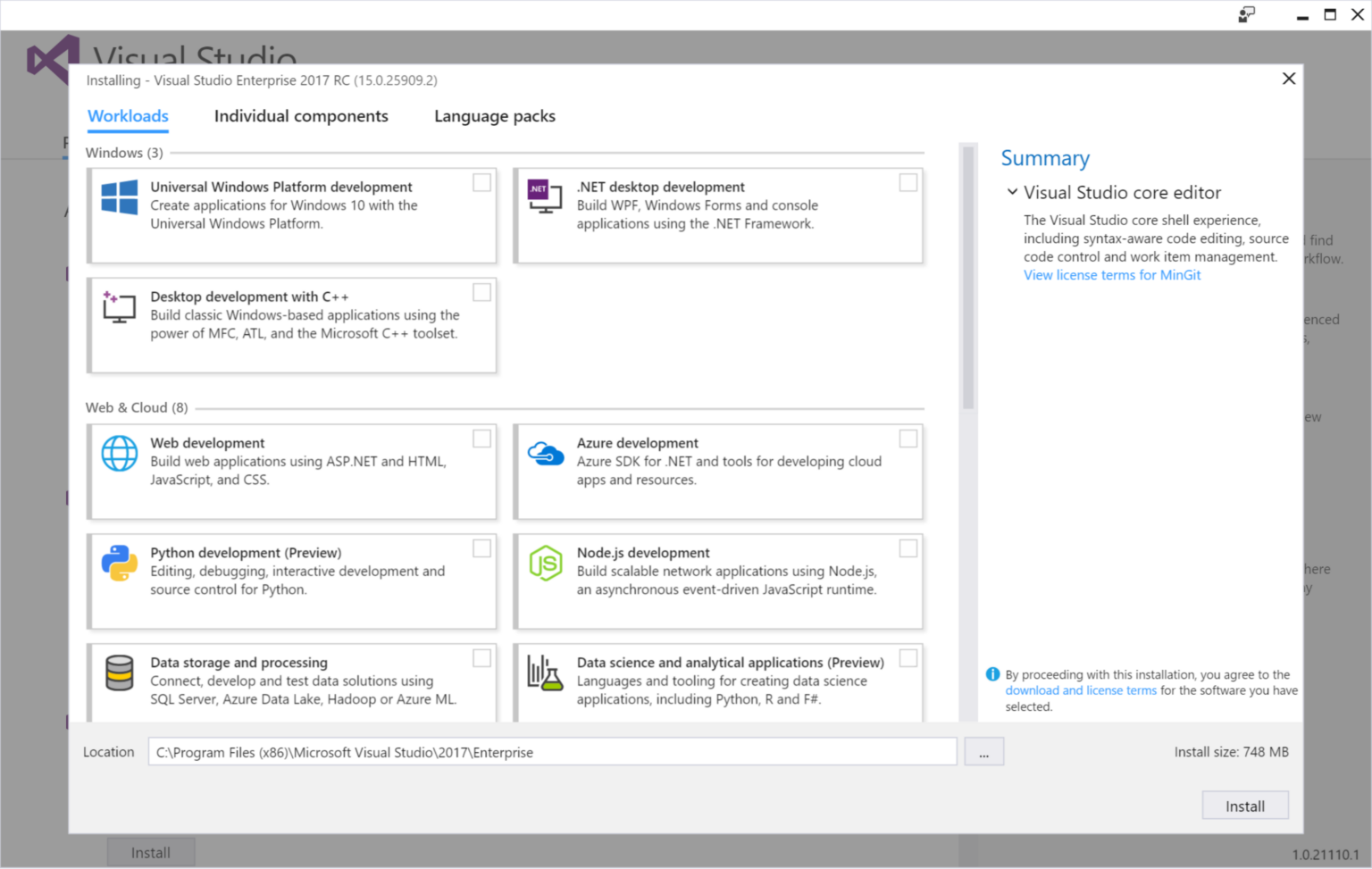 Workload-Auswahl im Installer von Visual Studio Enterprise 2017 RC - Bild: Microsoft