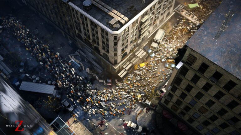 Eine große Zombiehorde strömt durch eine Straßenschlucht in World War Z
