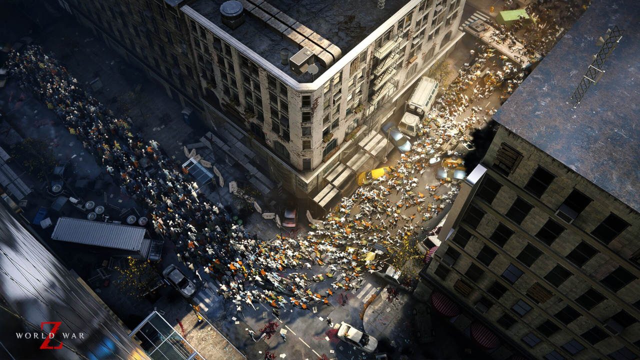 Eine große Zombiehorde strömt durch eine Straßenschlucht in World War Z