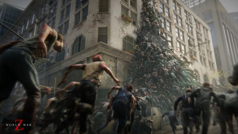 Zombies türmen sich an der Fassade eines Hochhauses in World War Z auf