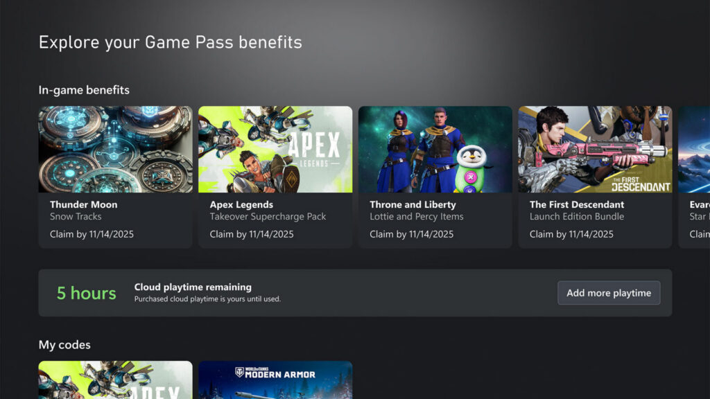 Xbox-Oberfläche mit fünf Stunden verbleibender Cloud-Spielzeit und einer Schaltfläche zum Nachkaufen