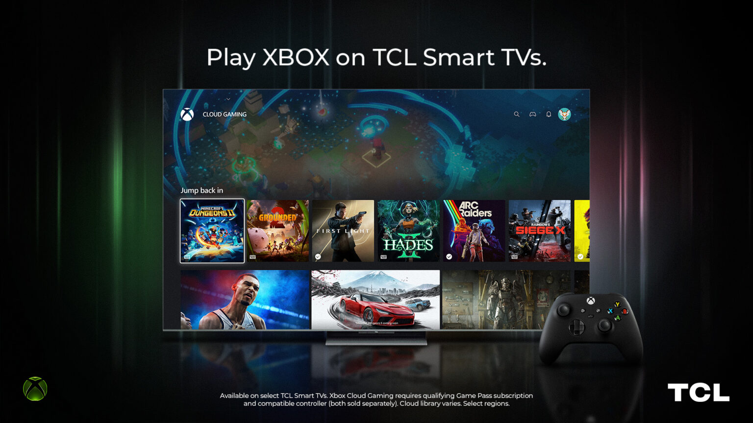 Xbox-Cloud-Gaming-Oberfläche auf einem TCL Smart-TV mit Xbox-Controller