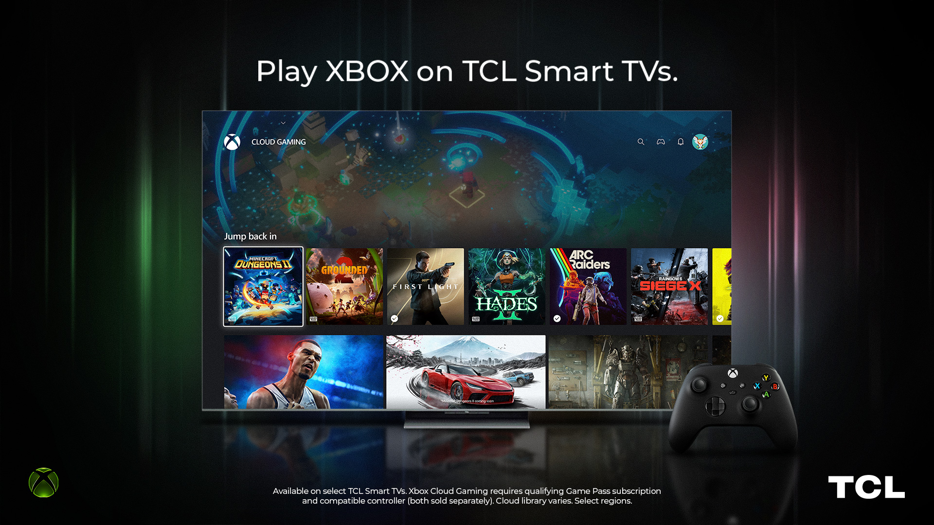 Xbox Cloud Gaming kommt auf weitere TCL-TVs in über 25 Ländern Xbox-Cloud-Gaming-Oberfläche auf einem TCL Smart-TV mit Xbox-Controller
